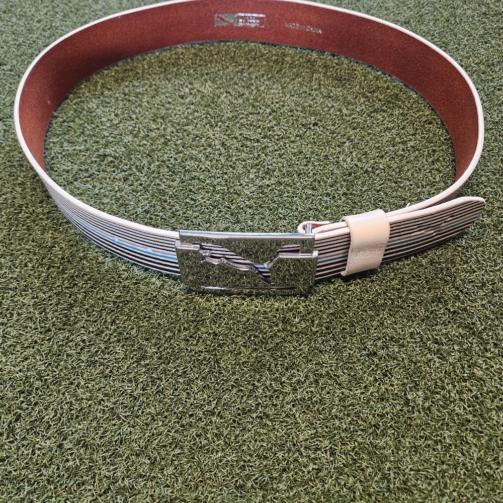 NWOT Mens Puma Leather Golf Belt Size L 100cm White Black Blue Stripes Fowler